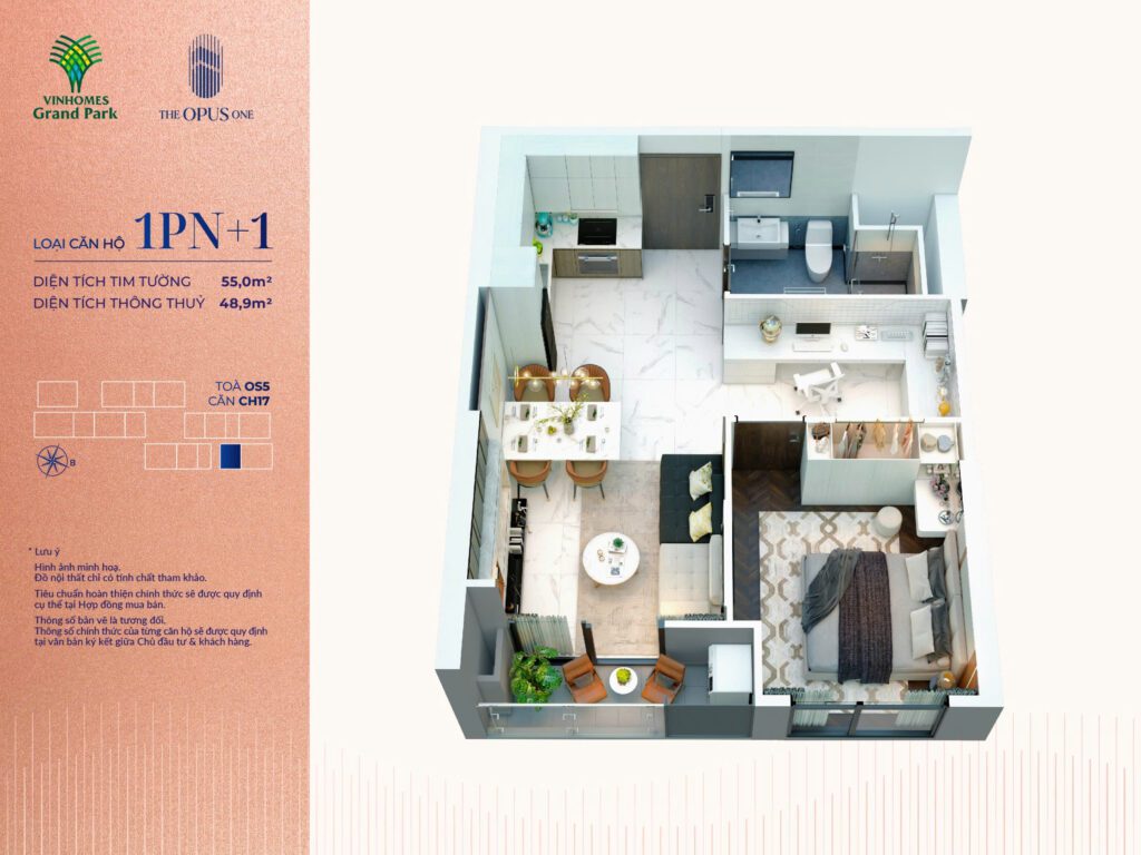 Layout căn hộ 1PN+1 dành cho gia đình nhỏ với thiết kế giúp tối ưu diện tích sử dụng