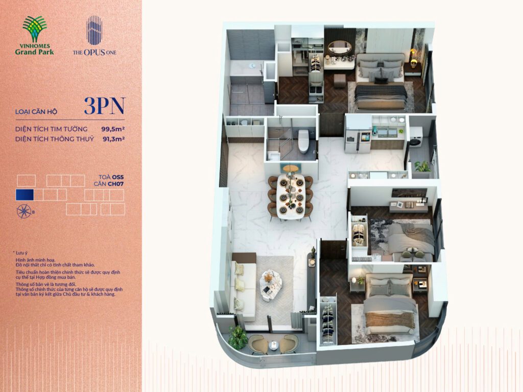 Layout căn hộ 3PN cho gia đình tại The Opus One Vinhomes Quận 9