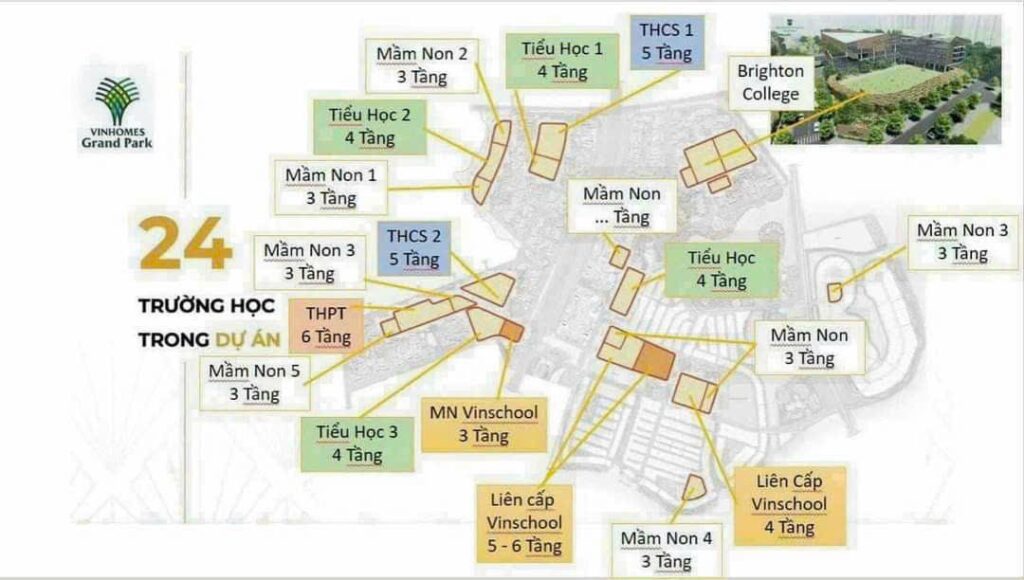 Vị trí 24 các trường học được bố trí hợp lý trong KDT Vinhomes Grand Park