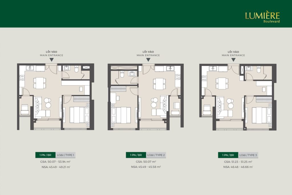 Layout căn hộ 1 phòng ngủ