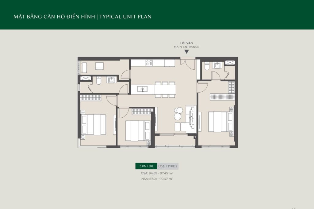 Layout căn hộ 3 phòng ngủ tại Lumiere Boulevard