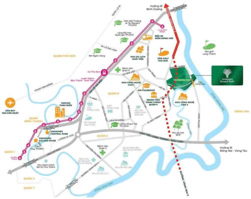 Sơ đồ tuyến Metro số 1 kết nối Vinhomes Grand Park và các khu vực trọng điểm